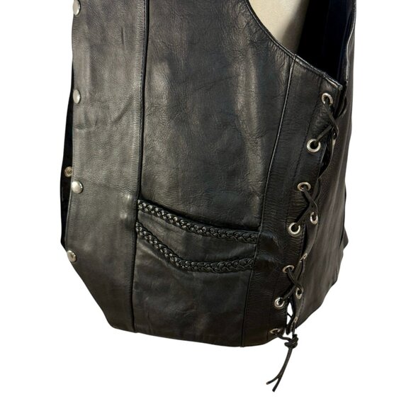 Black Leather Biker Vest with Braided Trim & Lace-Up Sides - Picture 3 of 7